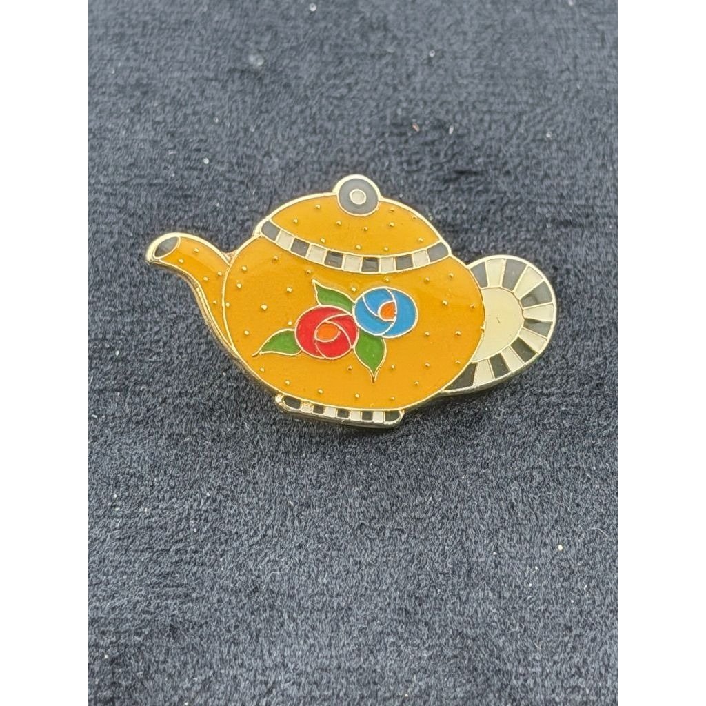 Mary Engelbreit Teapot Enamel Lapel Pin Gold Tone Floral 1 1/4